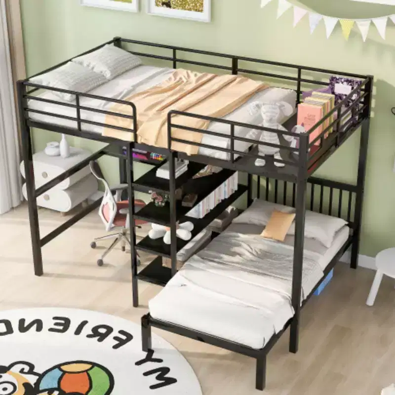 Full/Twin Bunk Bed with Built-In Desk: Black, Metal, Shelves