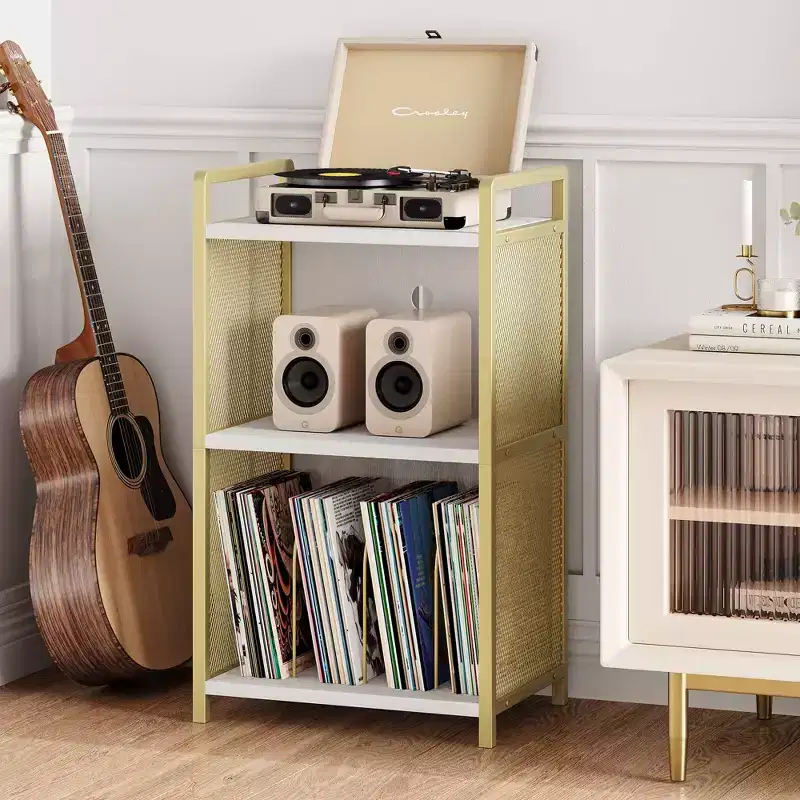 Record Player Stand with Storage, Wooden Turntable Stand with Mesh Gold Metal Side, 3-Tier Golden Record Player Side Table