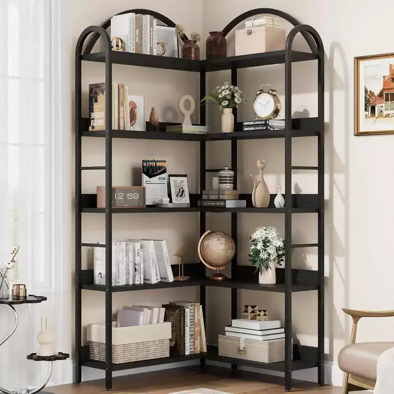 Hush Sun 5-Tier Reversible Corner Bookcase - 68.5 Industrial Bookshelf, 50LB/Shelf for Home Office