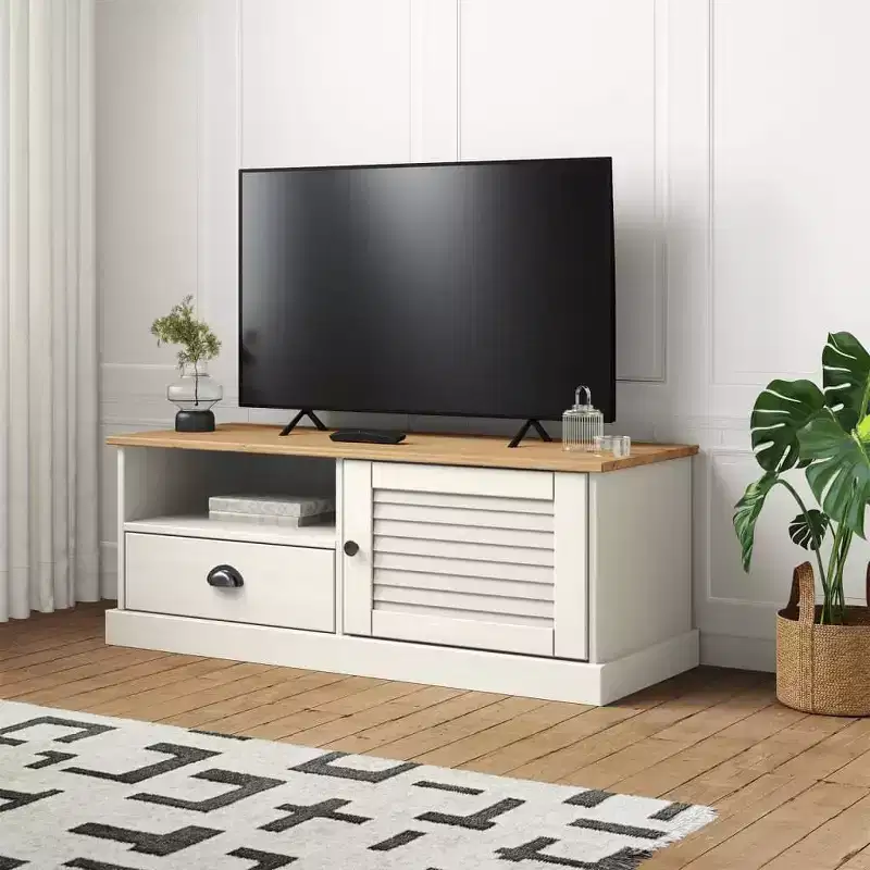 Solid Pine Wood TV Stand with Drawer, Open Shelf and Cabinet – 41.7
