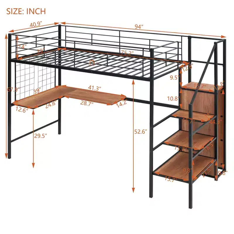 Metal Loft Bed with Desk and Metal Grid, Stylish Metal Frame Bed with Lateral Storage Ladder and Wardrobe