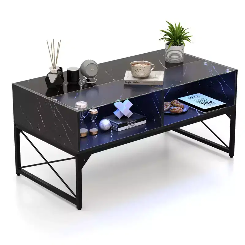 Costway LED Coffee Table with 4 Storage Cubes Faux Marble & Tempered Glass Top for Living Room Black