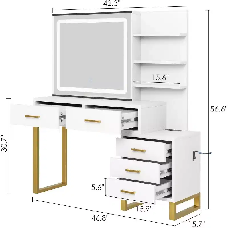 COZONY Makeup Vanity Desk with Sliding Mirror & Charging Station, LED Light with 3 Modes, 5 Large Drawers and 3-Tier Open Shelves, Bedroom Vanity