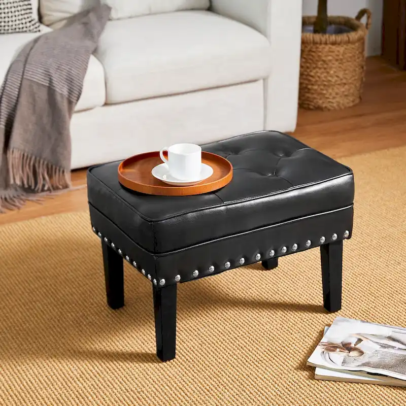 Black / Coffee Mid-Century Button-Tufted PU Leather Ottoman