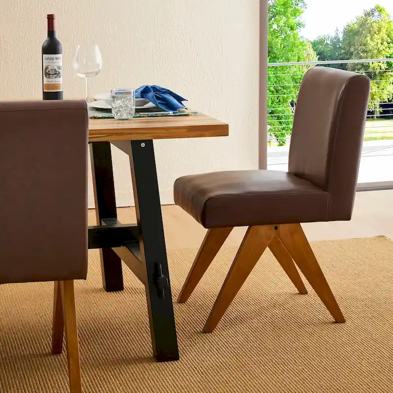Faux Leather Upholstered Dining Chairs with V-Shaped Wood Legs