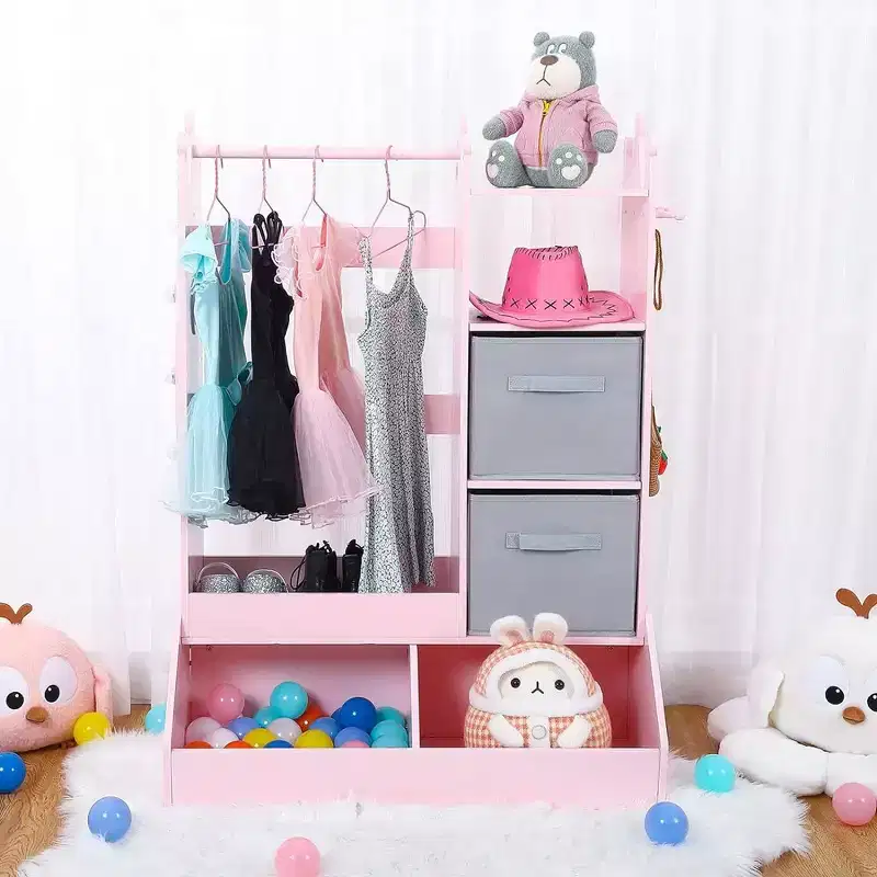 Kid Clothes Hanger with Lighted Mirror Girl Dress-Up Storage Armoire Clothing Rack and Storage Bin