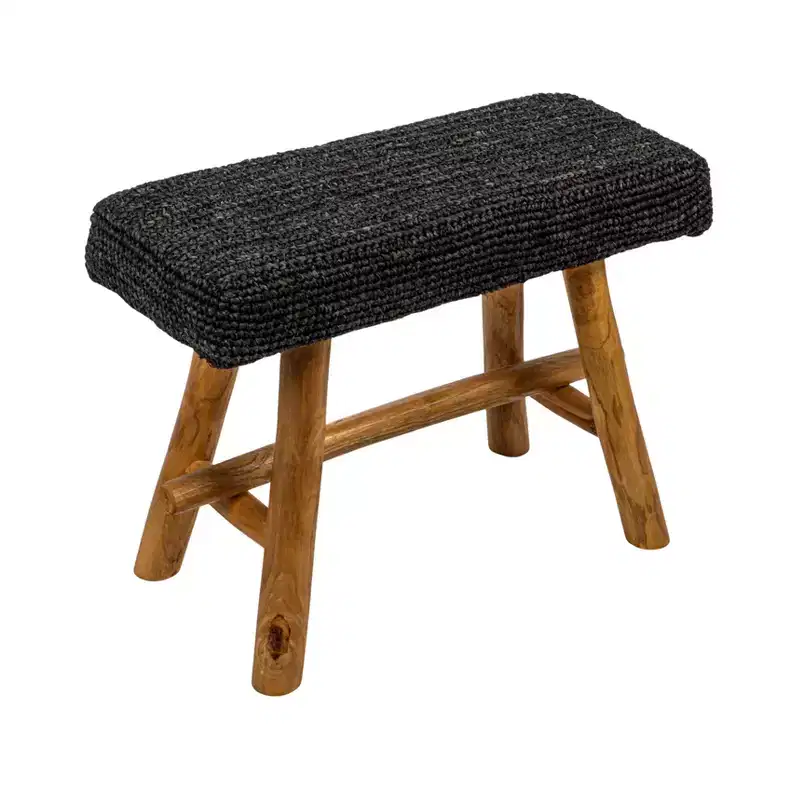 Woven Mendong and Teakwood Stool, Black
