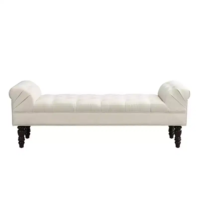 End of Bed Bench, Entryway Bench, Upholstered Ottoman with Tufted Fabric, Rolled Arms, Gourd Legs
