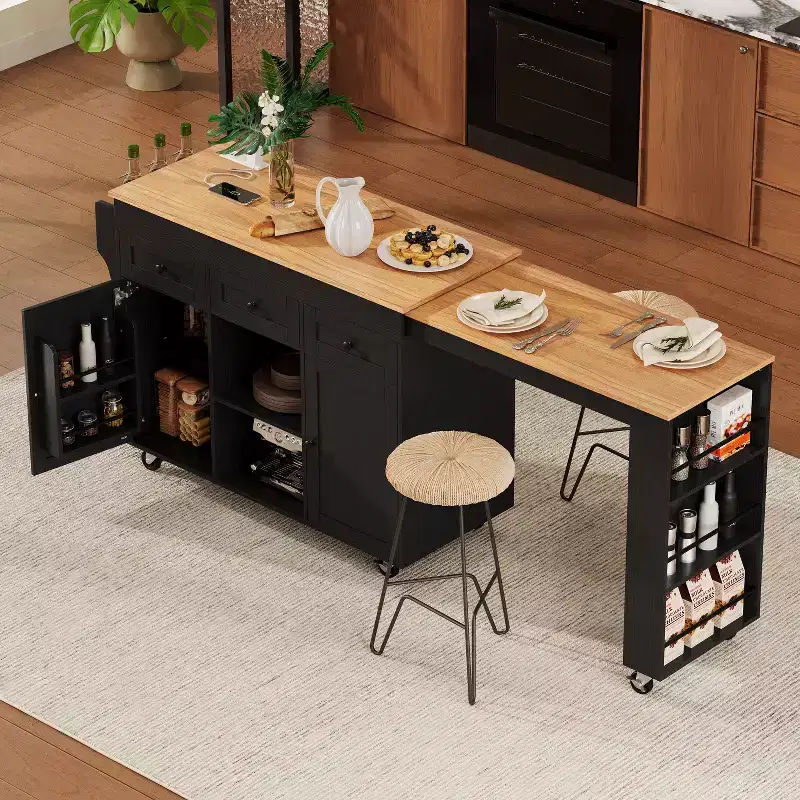 Bestier 85.5-Inch Rolling Kitchen Island with Extendable Dining Table, Power Outlet, 3 Drawers, 2 Doors and Side Open Shelves