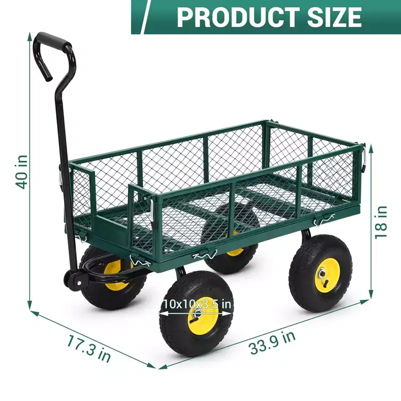Heavy-duty steel garden cart, 550 lbs capacity, with 10-inch wheels, 180 swivel handle and removable sides for outdoor use, farm, yard, beach