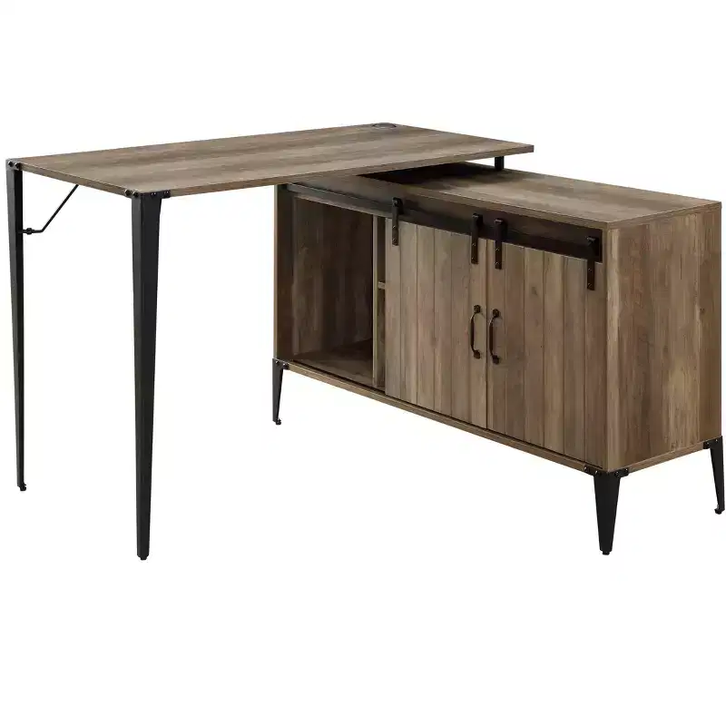 GDFStudio Pampas L-Shape Writing Desk with Sliding Barn Door Storage