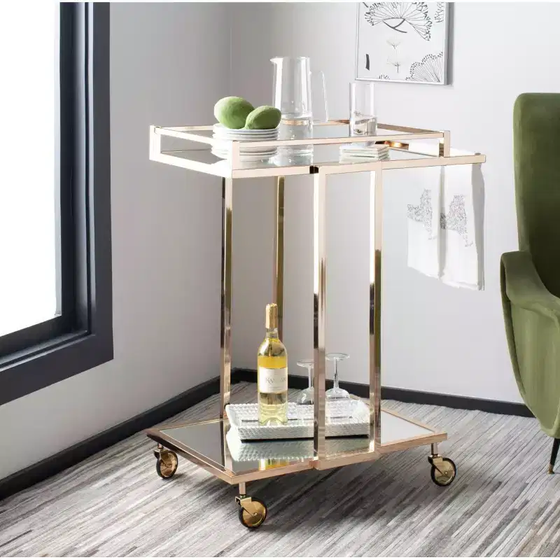2 Tier Rectangle Bar Cart, Gold/Mirror Finish