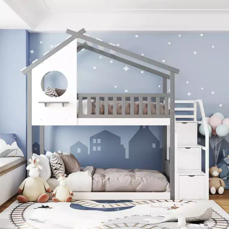House Shape Twin-Over-Twin Double Bunk Bed with Storage Stairs - ModernLuxe