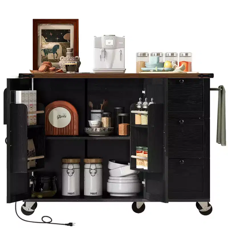 54.5 Farmhouse Kitchen Island with Power Outlet, Rolling Kitchen Cart on Wheels with Internal Storage Rack, Drop Leaf, Spice Rack