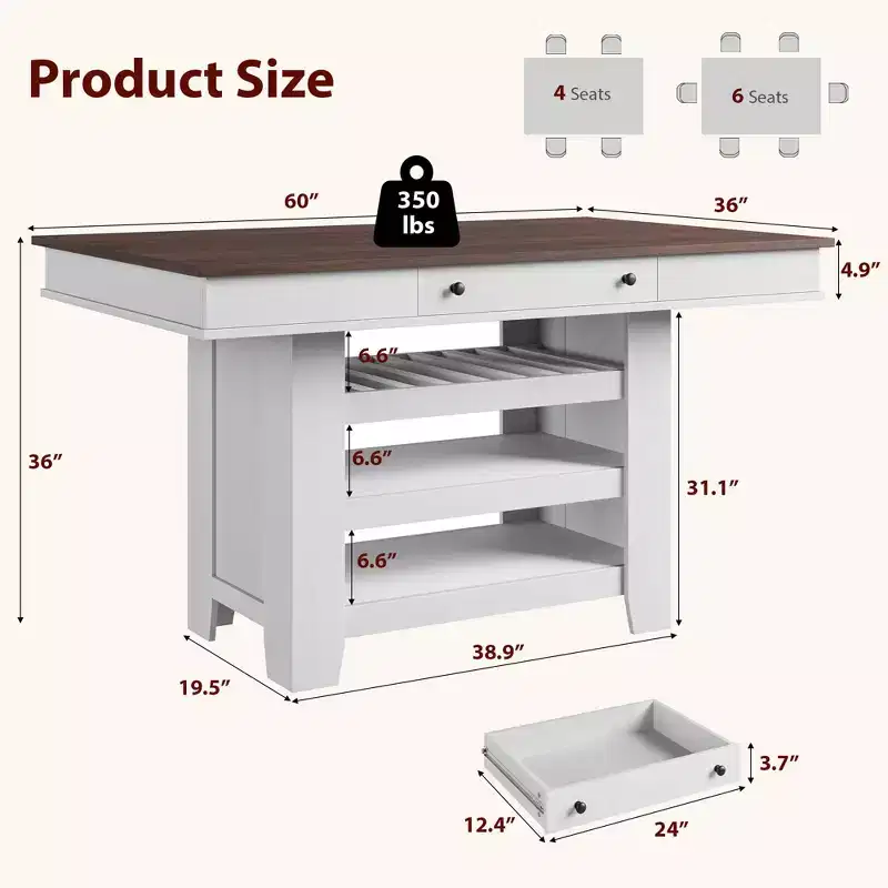 60 Counter Height Wood Dining Table for 4-6,Kitchen Island with Wine Rack & 2 Drawers,4-Tier Stationary Table for Dining Room & Kitchen