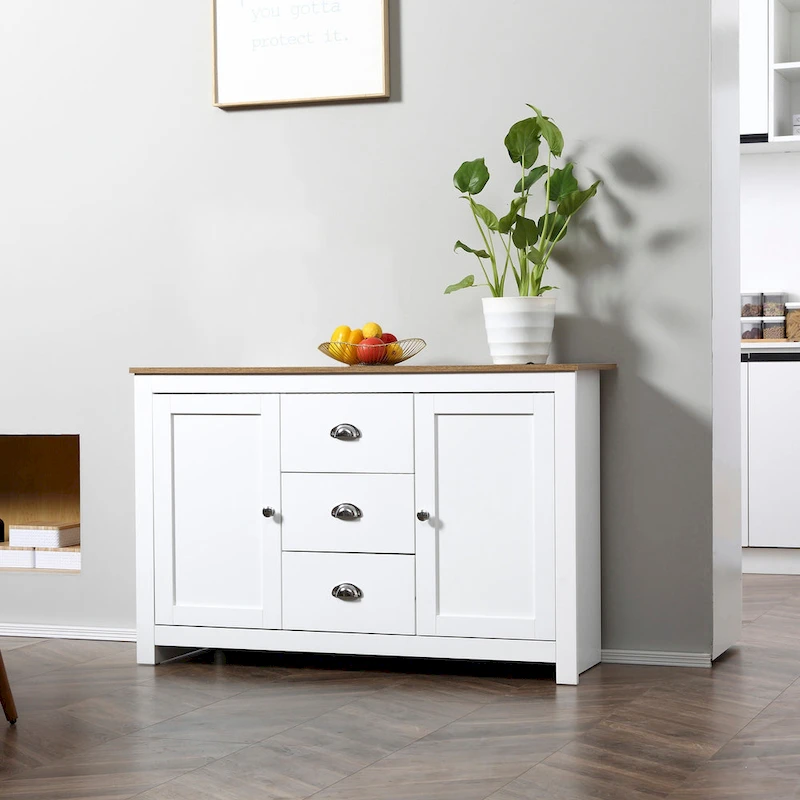 HOMCOM Kitchen Storage Sideboard with Adjustable Shelves, Dining Buffet Server Cabinet with 3 Drawers