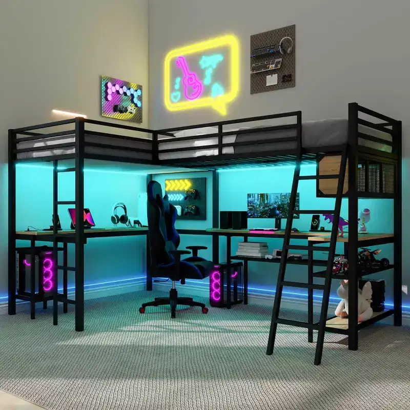 Twin Size L-Shaped Metal Loft Bed with 2 Built-in Desks, LED Lights, Charging Stations, Space-Saving Study/Gaming Bed, Black - ModernLuxe