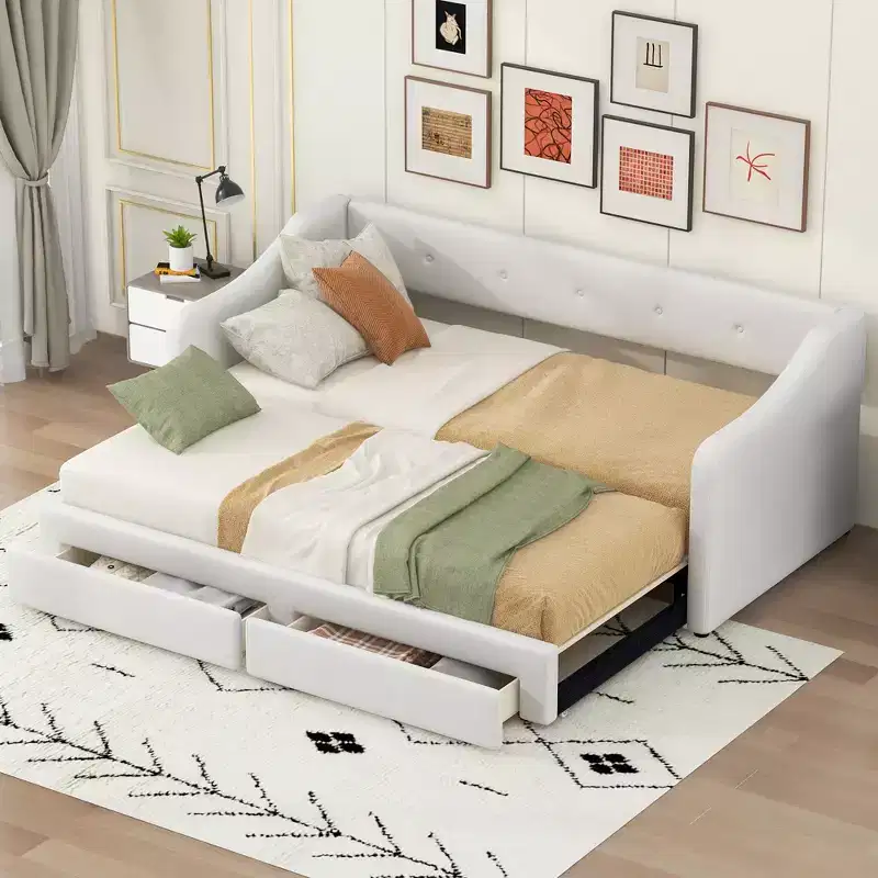 Whisen Extendable Twin XL Size to King Size Upholstered Daybed, Sofa Bed with Two Drawers