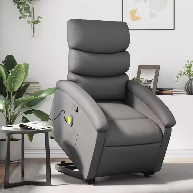 vidaXL Stand-Up Gray Faux Leather Power Lift Massage Recliner with Manual Recline - Comfortable Senior Seating for Living Room