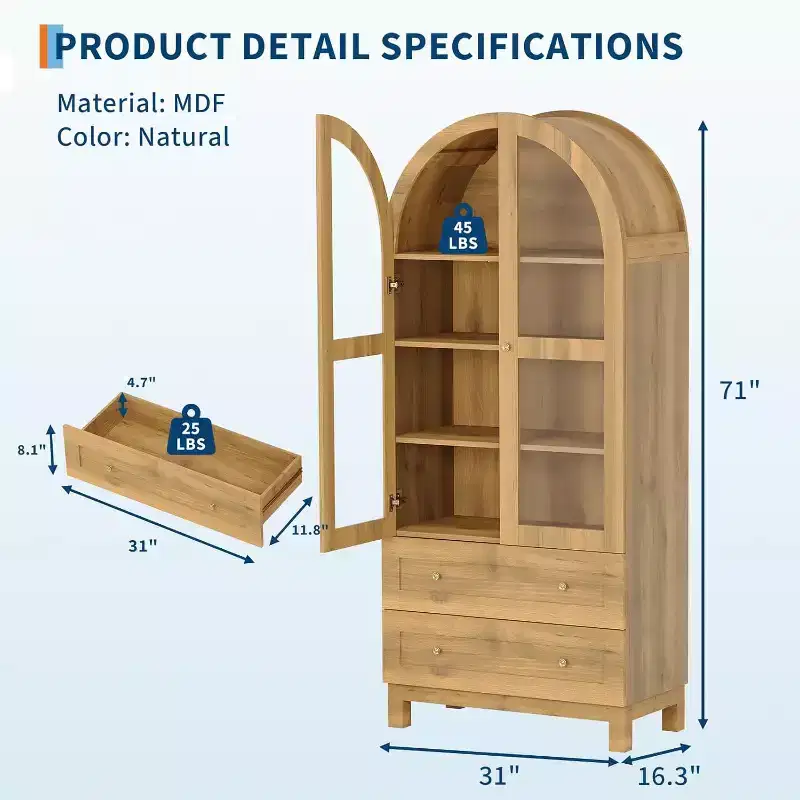 71 Tall Arched Storage Cabinet with Acrylic Doors Modern Wooden Pantry Cabinet with 2 Drawers & Adjustable Shelves, Versatile Cupboard for Kitchen