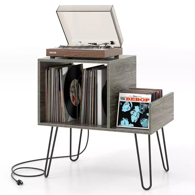 Record Player Stand Turntable Stand w/ Built-in Charging Station Metal Legs