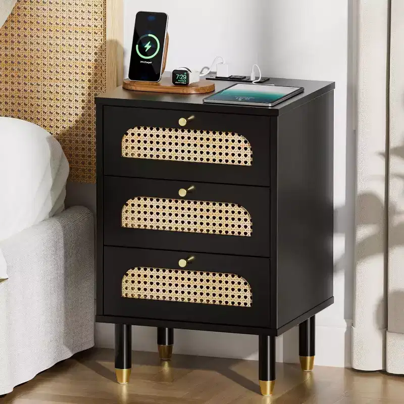 VINGLI Black Rattan Nightstand with Charging Station