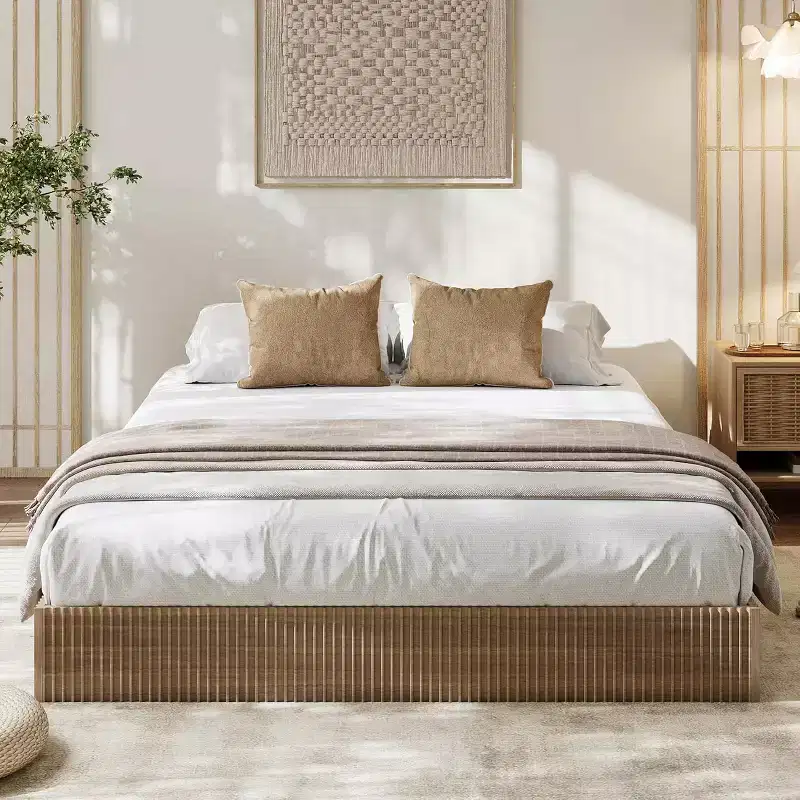 Platform Bed Frame with Fluted Design & Integrated Storage Box, No Box Spring Needed