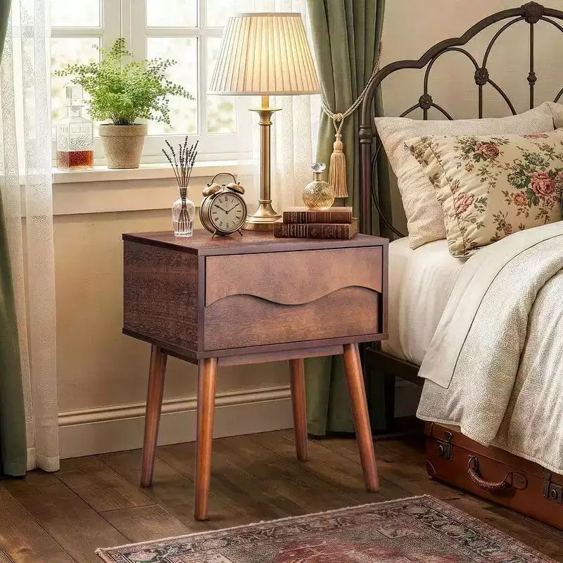 Brown P2 MDF Nightstand, Tall Legs, Handleless, 1 Drawer, 20.1
