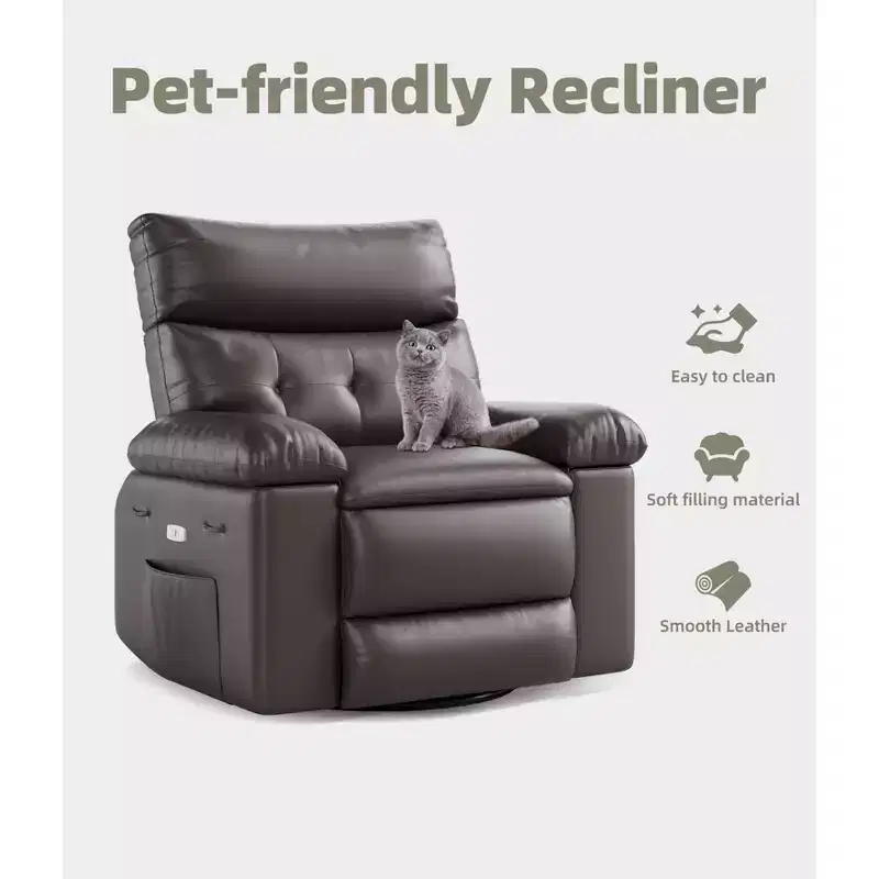 PU Leather Manual Recliner, 360 Degree Rotating Adult Rocking Chair with Side Pockets, Modern Single Sofa Recliner, Beige
