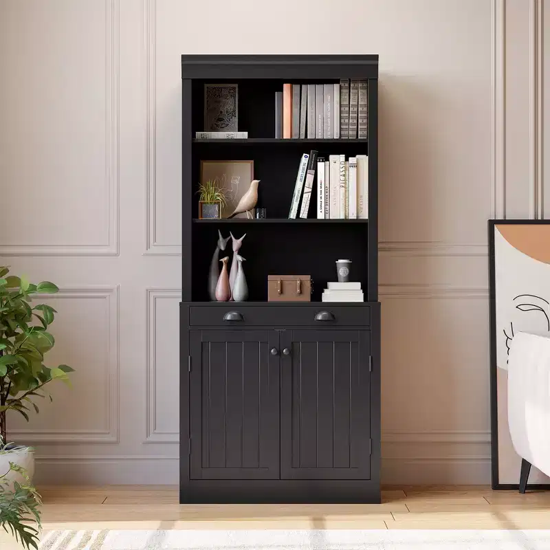 Bookcase with Doors, 5-Tier Floor-to-ceiling Bookshelf Storage Rack with 1 Drawer, 70.9 Inch High White Bookcase for Home Office, Living Room
