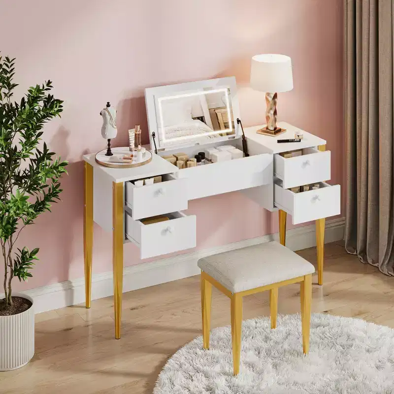 47.2 Makeup Vanity Desk with Lights, Stool, Flip Top and Mirror for Bedroom