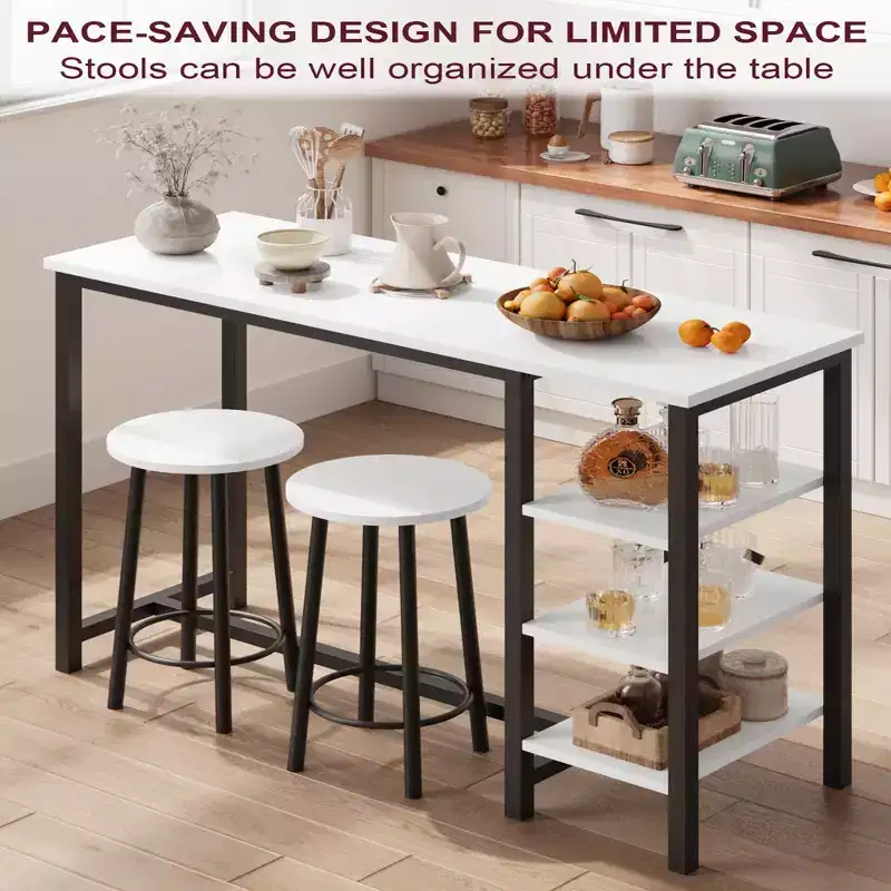 Compact bar table and chair set, space-saving design with 3 large storage shelves  perfect for small apartments, offices, or bars.