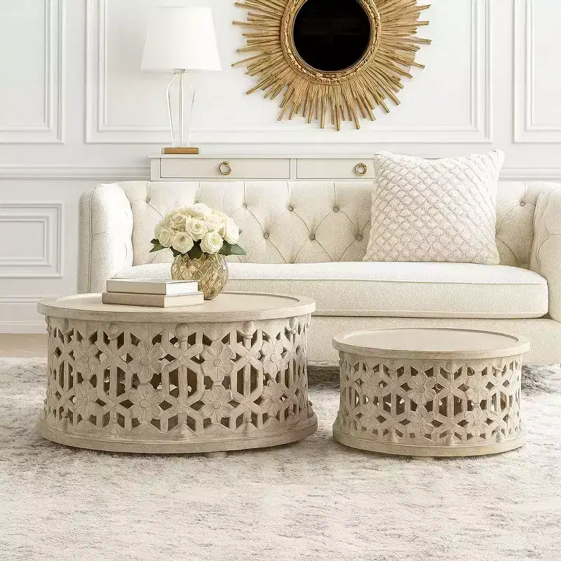 Royal Hampton 30 Inch Round 2 Piece Wood Coffee Table Set, Carved Floral Design