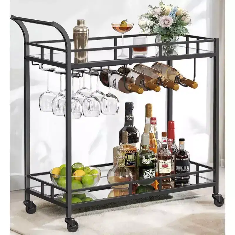 Bar Cart, Home Bar Serving Cart, Wine Cart With 2 Mirrored Shelves, Wine Holders, Glass Holders, For Kitchen, Dining Room
