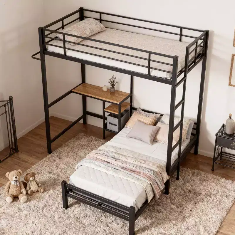 GDFStudio Benson Modern Metal Twin Over Twin L-Shaped Bunk Bed with Desk Station and Drawers