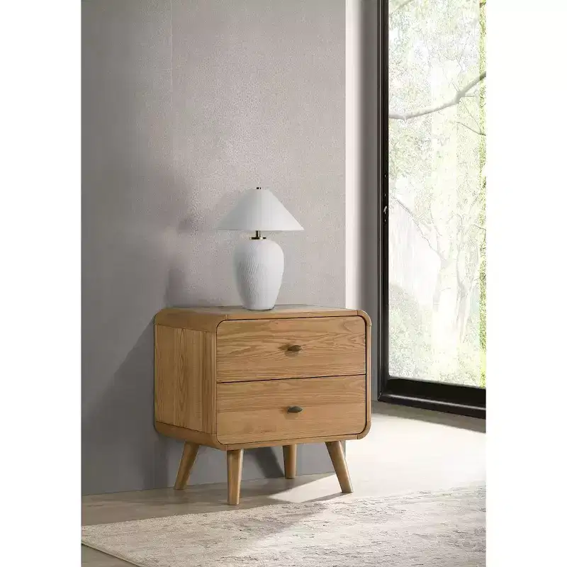 Robyn 2-Drawer Nightstand Bedside Table with USB Ports – Light Ash, Mid-Century Modern