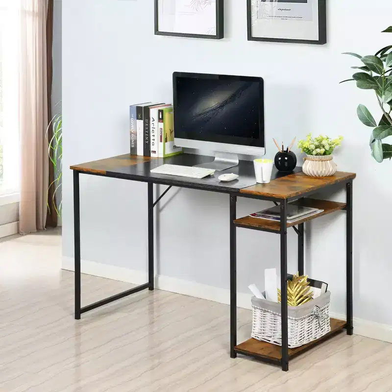 FurnitureR 55.1 Computer Desk with Side Shelves, Industrial Style Gaming Desk with Metal Frame, Home Office Workstation with Storage for PC, Laptop