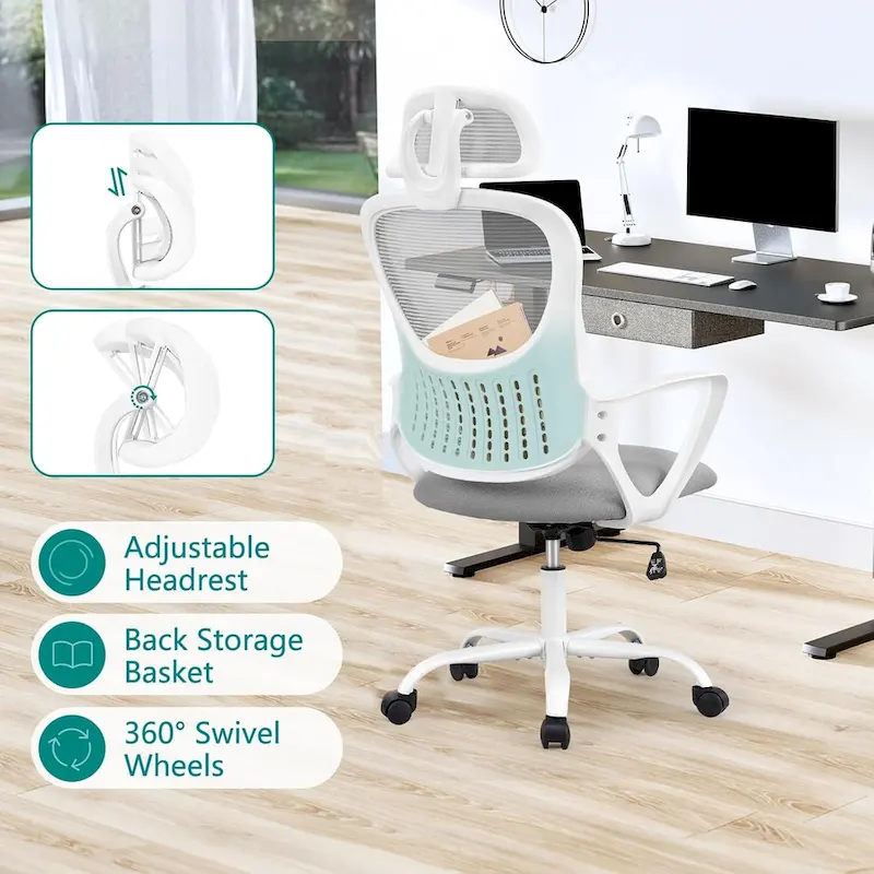 Ergonomic Office Chair, Comfy Computer Desk Chair Mesh High Back with Fixed Arms and Adjustable Headrest, Swivel Rolling Chair
