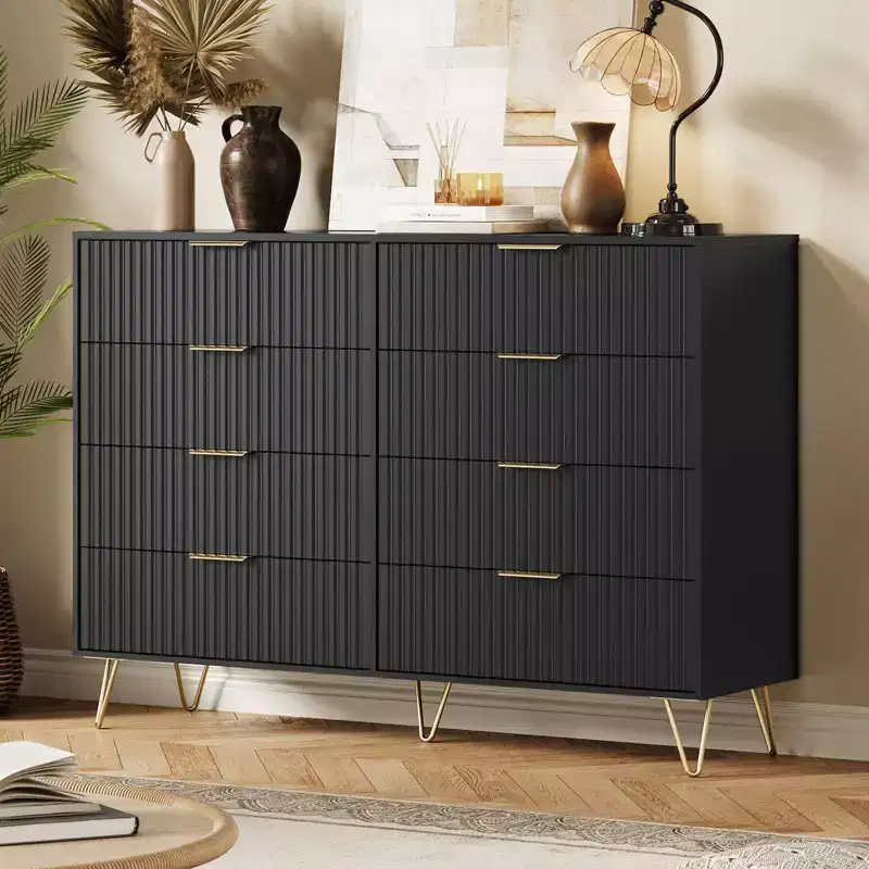 Modern Wood Dresser with 8 Fluted Drawers, Large Storage Chest with Metal Handles, Anti-Tip Bedroom Dresser for Bedroom, Living Room, Hallway