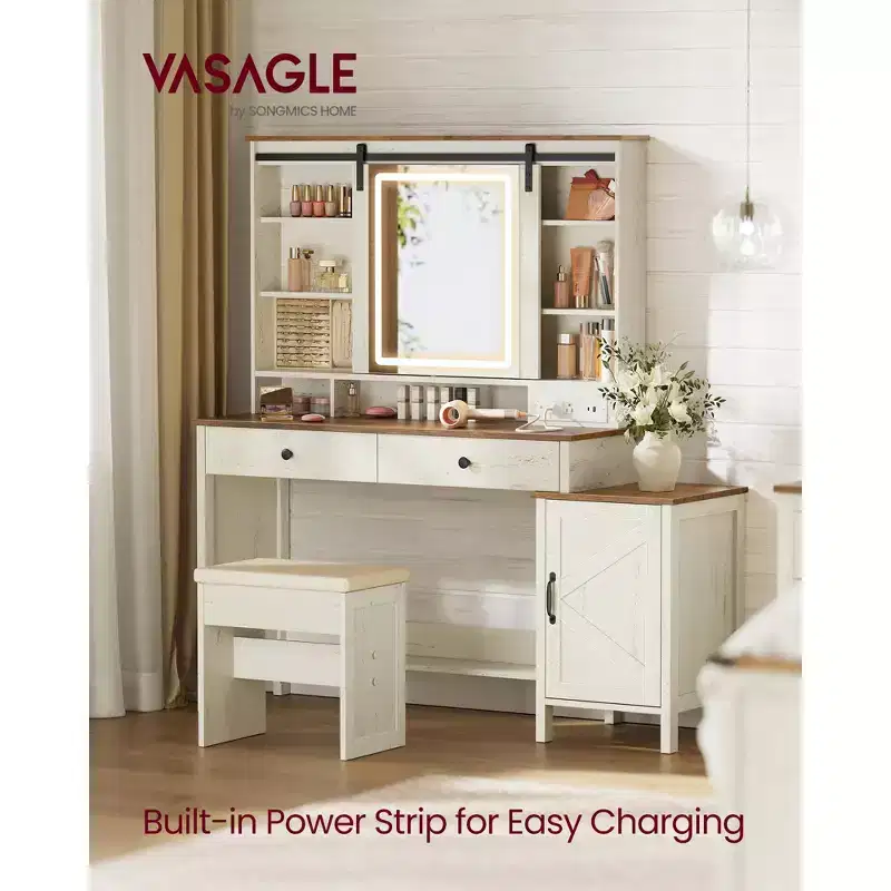 Farmhouse Vanity Desk with Sliding Mirror and Charging Station, 39.4 Inch Makeup Table with Stool and Jewelry Storage, Rustic White