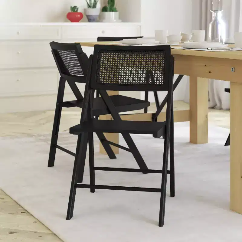 Set of 2 Cane Rattan Folding Chairs with Solid Wood Frames and Seats and Breathable Woven Rattan Backrest