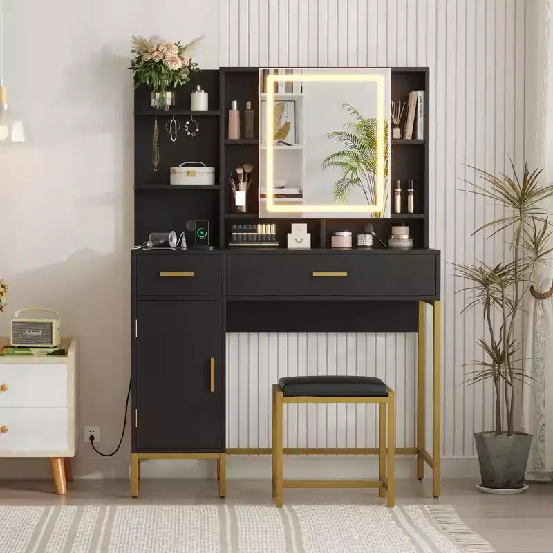 Makeup Vanity with Power Outlet, Vanity Desk with Mirror and Lights, Makeup Vanity Table with 2 Drawers, 9 Open Shelves& 2 Cabinets, Dressing Table