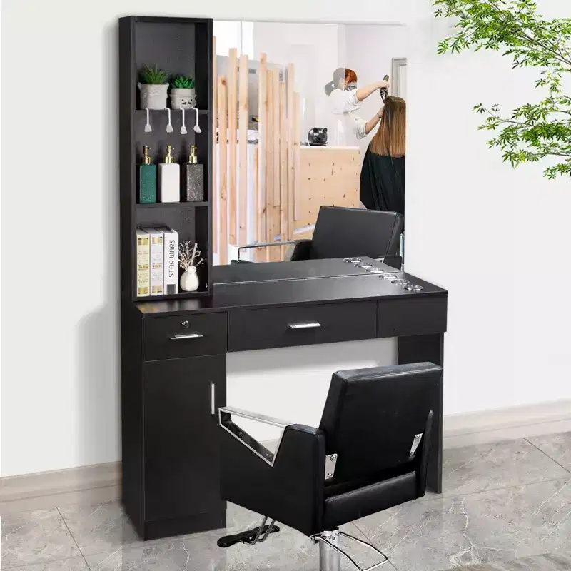 Karl Home Black Red Wall Mount Barber Station 2 Drawers 1 Storage Cabinet 3 Open Shelves with Mirror