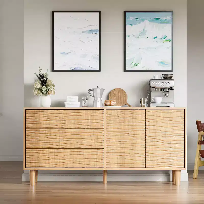 61 in. Mid-Century Modern Sideboard Buffet with 3 Drawers and 2 Doors, Natural Wood