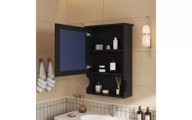 AMMER 20'' Wall Mounted Bathroom Storage Cabinet with Mirror, Wall Mounted Home Storage with Door, Mirrored Wall Medicine Cabinet, Black