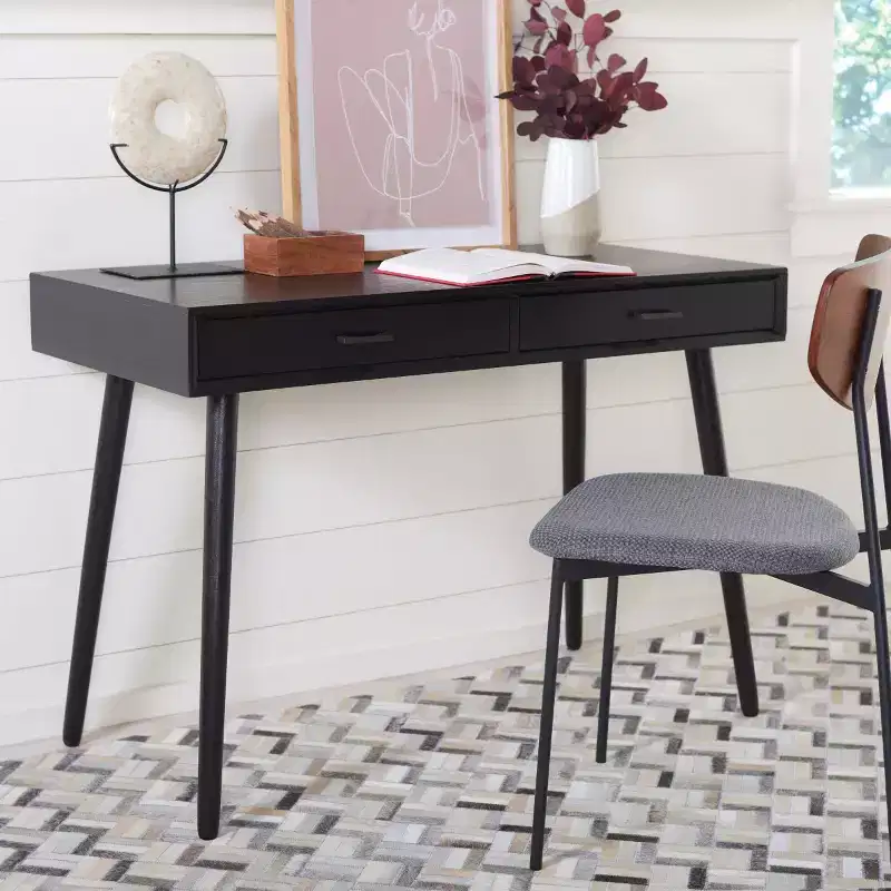 2-Drawer Writing Desk in Distressed White, Wood & MDF