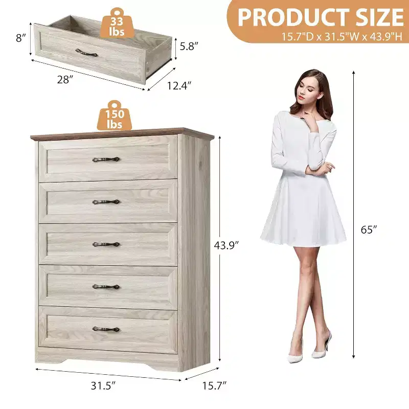 5-Drawer Farmhouse Dresser, Modern Tall Chest with Natural Wood Grain and Wide Metal Handles, for Bedroom, Living Room