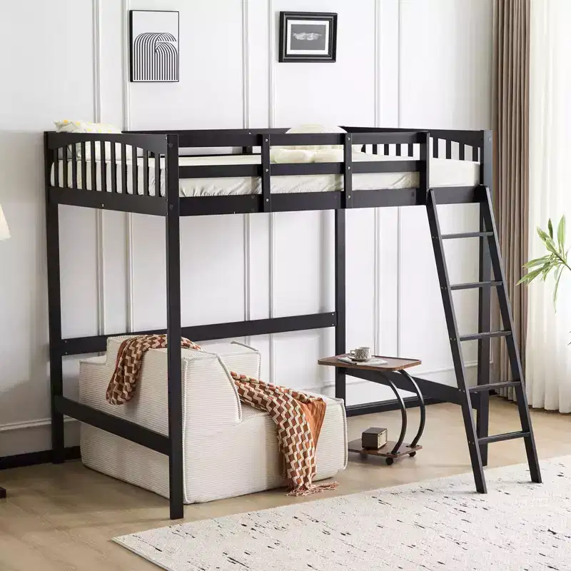 Solid Wood Loft Bed Twin/Full Size with USB Charging Station/LED with Flat Rungs, Wood Slat Support No Box Spring Needed