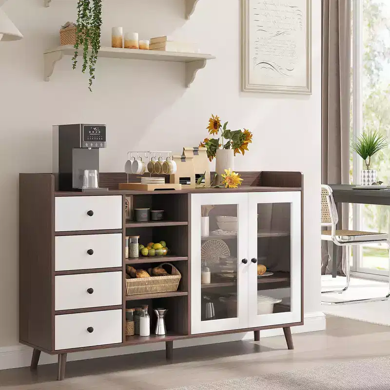 COZONY 55 Farmhouse Buffet Cabinet Sideboard with Storage, Wood Kitchen Cabinet with Glass Doors & Adjustable Shelves, Large Coffee Bar Station
