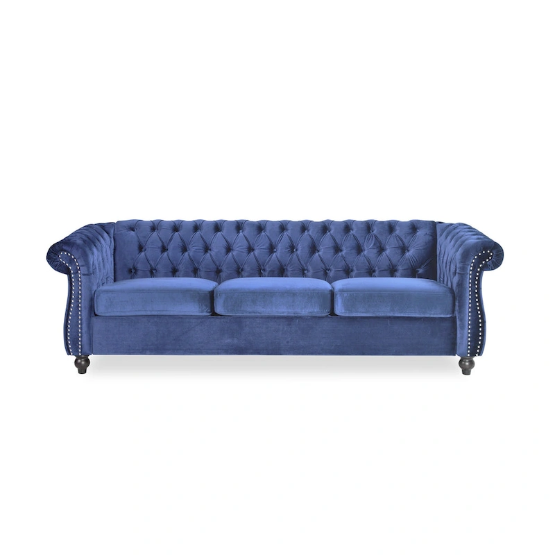 Blue 84.75 Chesterfield Button Tufted 3-Seater Sofa with Nailheads and Legs